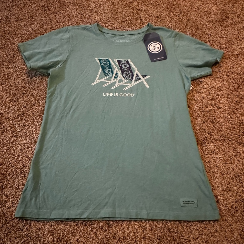 Life Is Good Teal Women's Crusher Tee - Beach Chairs Medium NWT